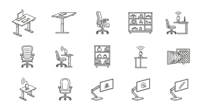office furniture icons displaying ergonomic workspaces equipment for businesses creating collaborative environments modern design elements for web banners