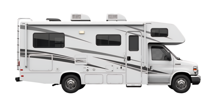 White recreational vehicle isolated on transparent background, a type of motorhome