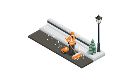 Winter street maintenance isometric design with snow removal worker