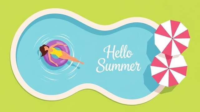 Summer relaxation scene woman in pool with umbrellas and text