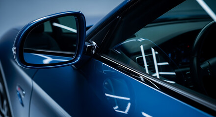 Side view of a modern blue car showing the mirror and reflection of the interior.