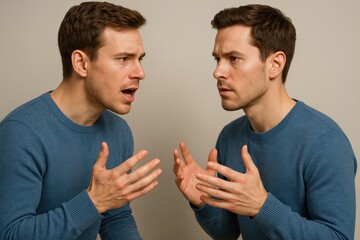 An Intense Conversation: A Close-Up of Two Versions of the Same Man Engaging in a Passionate Dialogue Reflecting Conflict and Emotion in Expressions