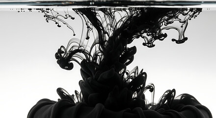 Black Ink Diffusing in Water with Swirling Tendrils on White Background