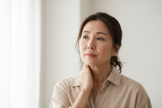 Thoughtful middle-aged Asian woman looking away with a pensive expression. Midlife changes and health concept. Representing menopause and self-care
