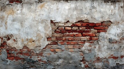 Old weathered brick wall with peeling plaster, showing decay and grunge texture