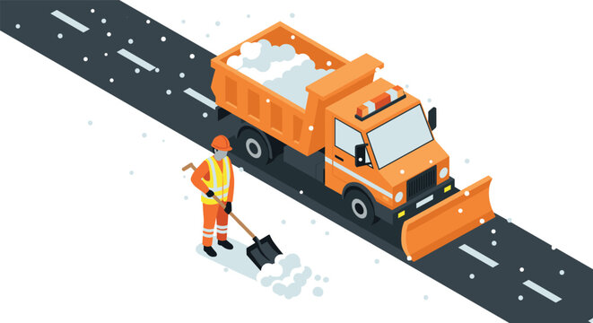 Snowy road maintenance with orange snowplow truck and worker in isometric style