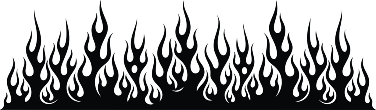 Black tribal flame border design, hot rod style fire graphic element for decoration and speed concepts on white.