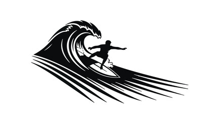 Silhouette of a surfer riding a powerful wave with dynamic spray and motion lines.
