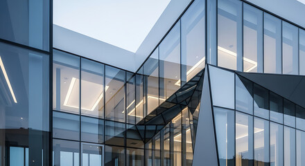 Contemporary Glass Architecture with Angular Design and Illuminated Interior Spaces