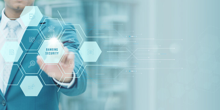 Banking Security concept in digital finance — professional using futuristic interface symbolizing financial data protection, secure transactions, cybersecurity systems, and online banking safety