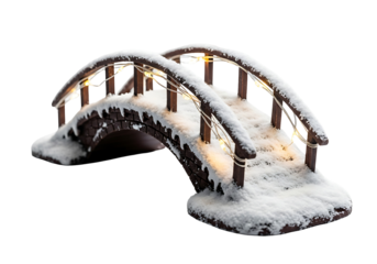 雪化粧の橋、イルミネーション輝く冬の風景。静寂と温かさが伝わる美しい光景。