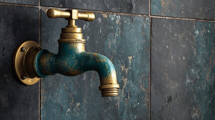 Vintage brass and verdigris faucet against an aged, textured, dark wall
