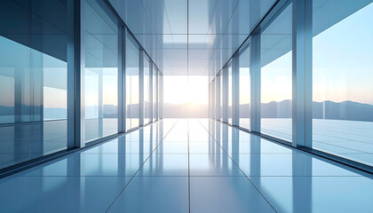 Modern Glass Architecture with Reflective Corridor and Sunset Sky View