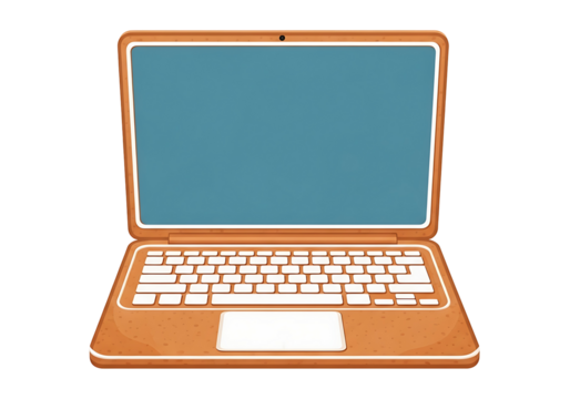 オレンジ色のノートパソコンのイラスト、デジタルデバイスのシンプルなデザイン、仕事と学習のイメージ