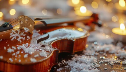 Vintage wooden violin covered with gentle snowflakes beside glowing candle, poetic still life scene merging music, silence and frost, expressing fragile beauty and timeless charm of winter art