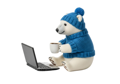 かわいいシロクマがニット帽を被って、コーヒーを飲みながらパソコンを使っているイメージ