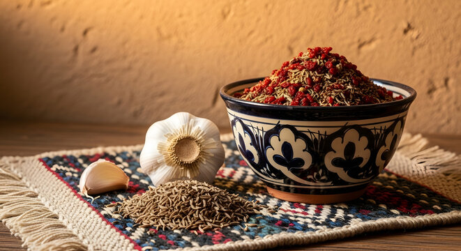 A beautifully arranged bowl of aromatic spices including cumin and dried chili, with garlic and scattered spices on a decorative cloth, representing the concept of spices for pilaf.