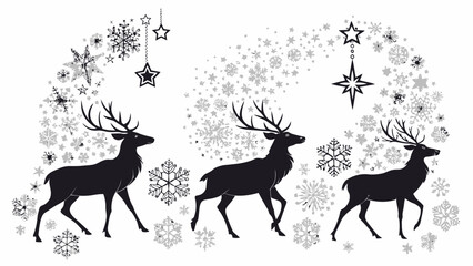 Naklejka premium Elegant reindeer silhouette procession through festive snowflakes and stars, capturing winter magic