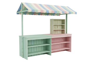 かわいいパステルカラーの木製屋台、穏やかな色合いとシンプルなデザインが魅力です