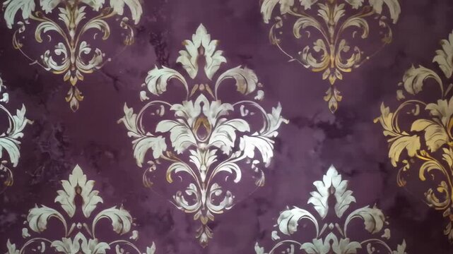 Deep purple background with ornate repeating floral pattern in shades of white and gold