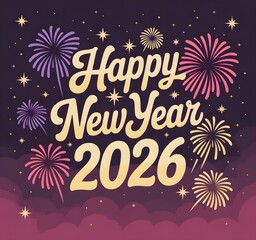 Happy new year 2026 text with colorful fireworks and stars on a dark purple background