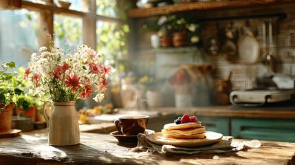 Fototapeta premium Cozy Breakfast Scene with Pancakes, Coffee, and Fresh Flowers