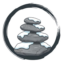 Zen stone stack with snow, peaceful winter balance, meditation, calm, harmony, and mindfulness in nature