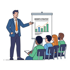 Business presentation with growth strategy chart a vector illustration of a man presenting to an audience for corporate training and business development