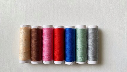 Several rolls of sewing thread in various colors are arranged neatly and in a row on a white background.