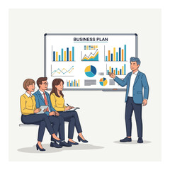 Business presentation with charts and graphs a man presenting a business plan to colleagues vector illustration for corporate training and strategy meetings