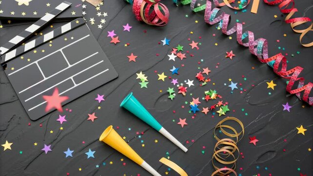 Colorful confetti, party blower, ribbon, streamer, star celebration festive on black background with film clapper carnival joy fill scene