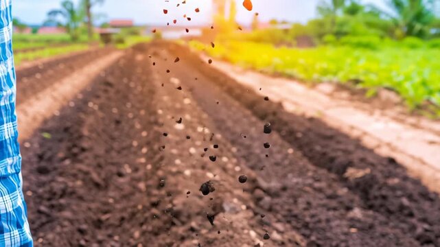 Fertile soil hand for agriculture farm field sunlight, compost and organic nutrients for planting and sustainable growth rural nature environment