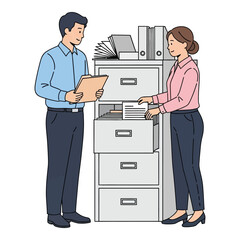 Business colleagues working with documents man holding a folder woman organizing files in a cabinet vector illustration isolated on white