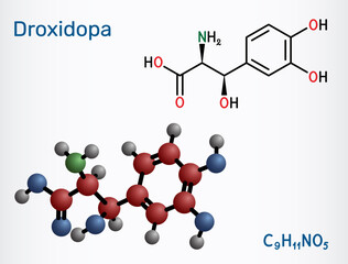 Droxidopa, L-DOPS molecule. For treating neurogenic orthostatic hypotension, Parkinson’s disease. Skeletal chemical formula. Vector illustration