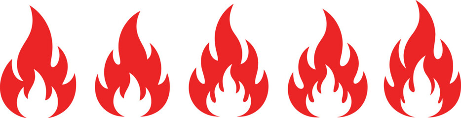 Five red fire flame icons set, simple graphic hot burning symbols on white background. heat danger warning signs.