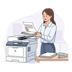 Young woman using a modern office printer holding documents vector illustration for business and administration tasks