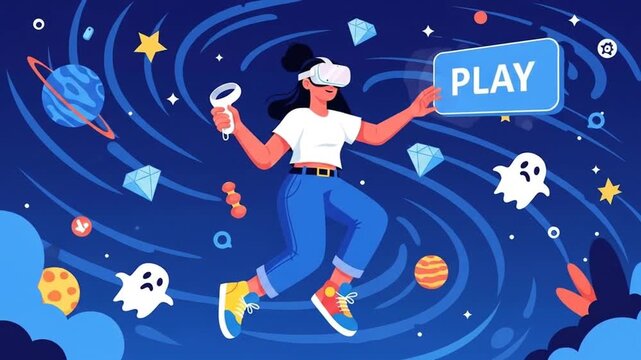 Woman wearing vr headset interacting with digital play button and graphics