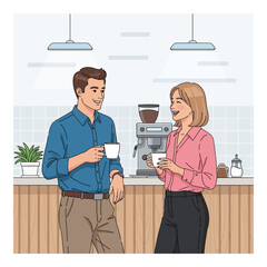 Young couple enjoying coffee break standing in a cafe vector illustration for lifestyle and relationship concepts