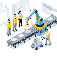 Isometric illustration of a smart factory with a robotic arm conveyor belt and workers managing the automated production line.