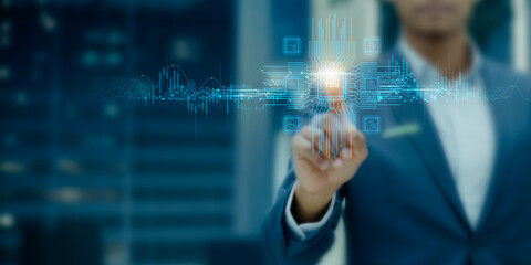 Tax Deducted at Source (TDS) concept in digital finance — business professional activating futuristic interface symbolizing online tax payment, income deduction system, and financial compliance 