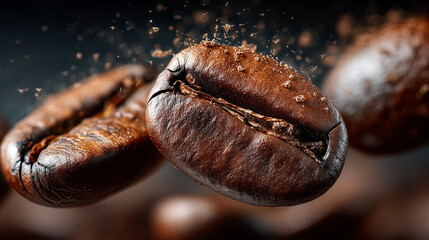 Falling coffee beans cascading into a rich, textured pile, deep brown tones, contrasting black highlights, warm and inviting atmosphere,