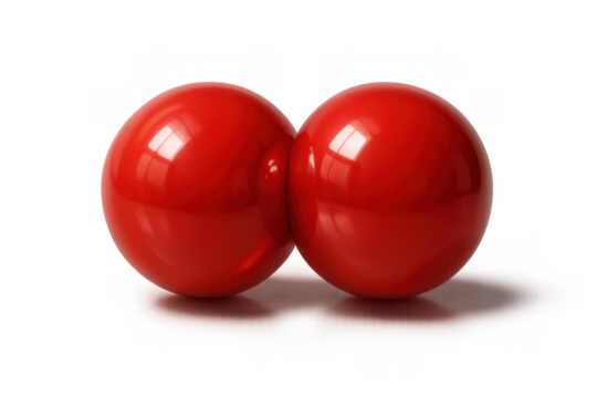 Two red glossy spheres reflecting light, isolated on transparent background, symbolizing connection, teamwork, and partnership