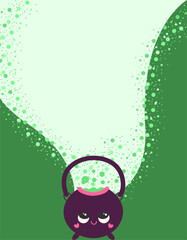 Magic potion kawaii pot boiling with green steam and sparkling bubbles. Vertical background with space for text, copy space. Invitation for children party.