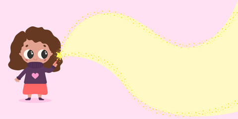 Magic kawaii girl making golden sparkling wave with her wand star shaped. Banner or invitation for children Birthday party. Background with space for text.