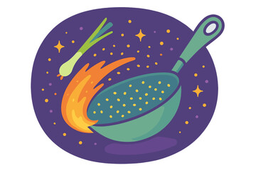 Frying pan flying through space like a fiery comet followed by a green onion