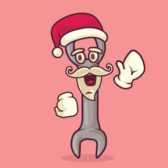 A modern isolated cartoon of a combination wrench wearing a Santa hat and waving, designed for mechanical Christmas themes and workshop greetings. Perfect for engineering holiday cards, mechanic promo