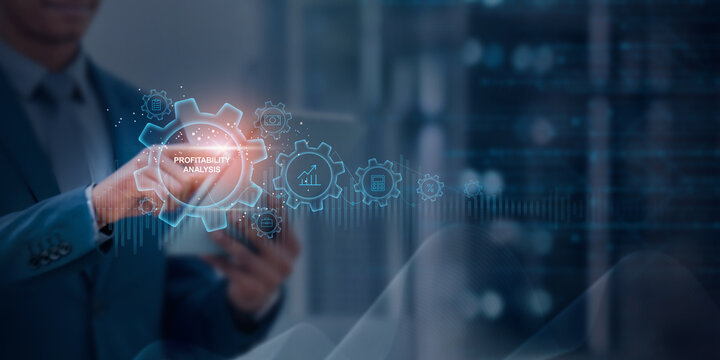Profitability Analysis concept in modern business finance — professional using digital tablet with futuristic data analytics interface representing revenue growth, cost optimization