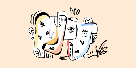abstract, and cubist style illustration featuring overlapping faces and figures
