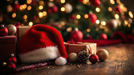 Christmas celebration setup with Santa hat, wrapped presents, glittering ornaments, and a glowing Xmas tree in the background