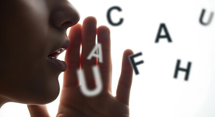 Woman with hand near mouth communicating with floating letters in the air.
